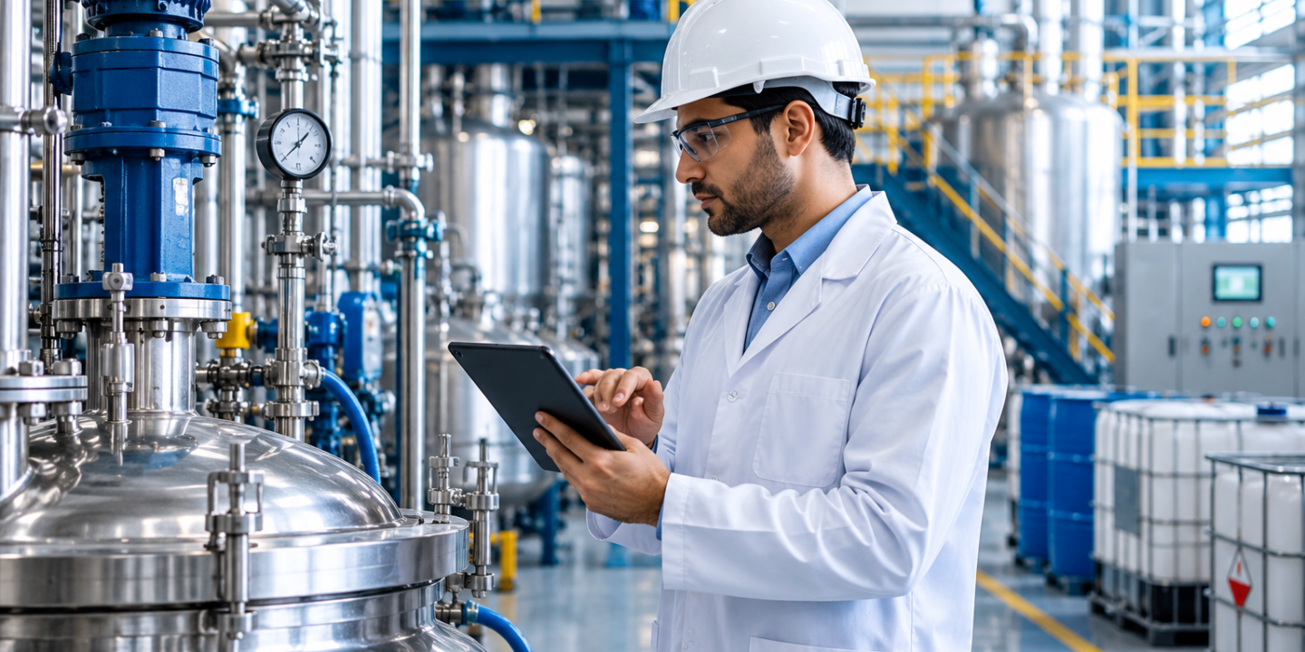Chemical engineer monitoring industrial process optimization in a modern manufacturing facility