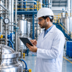 Chemical engineer monitoring industrial process optimization in a modern manufacturing facility