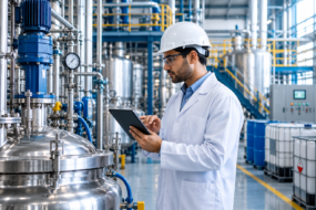 Chemical engineer monitoring industrial process optimization in a modern manufacturing facility
