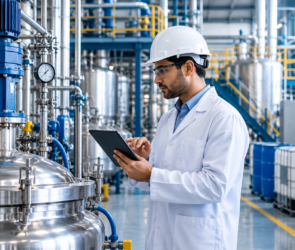 Chemical engineer monitoring industrial process optimization in a modern manufacturing facility