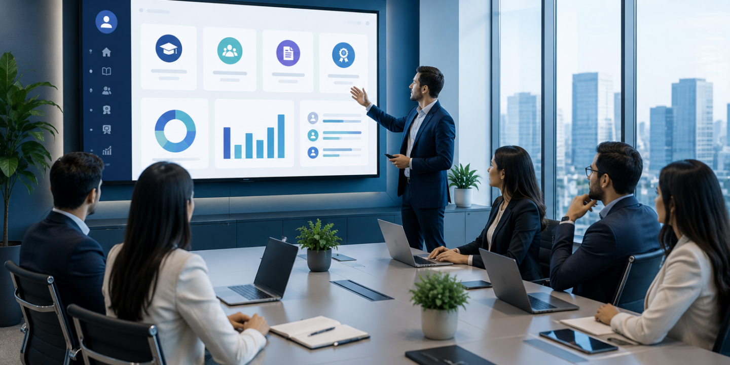 Enterprise employees using a scalable corporate LMS for online training in a modern office environment