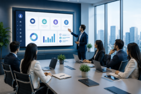 Enterprise employees using a scalable corporate LMS for online training in a modern office environment
