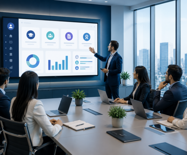 Enterprise employees using a scalable corporate LMS for online training in a modern office environment